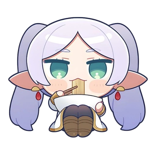 Frieren em versão chibi comendo macarrão